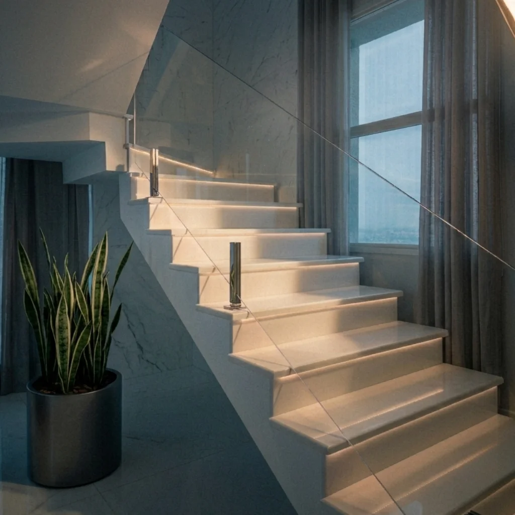 Escada revestida em mármore branco com iluminação